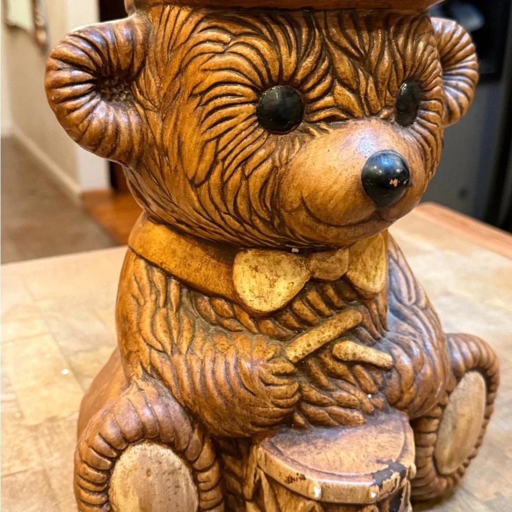 Great American Pottery Company Brown Bear Drummer Vintage Cookie Jar made USA